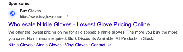 Paid search ad: Procure bulk medical gloves from Buy Gloves